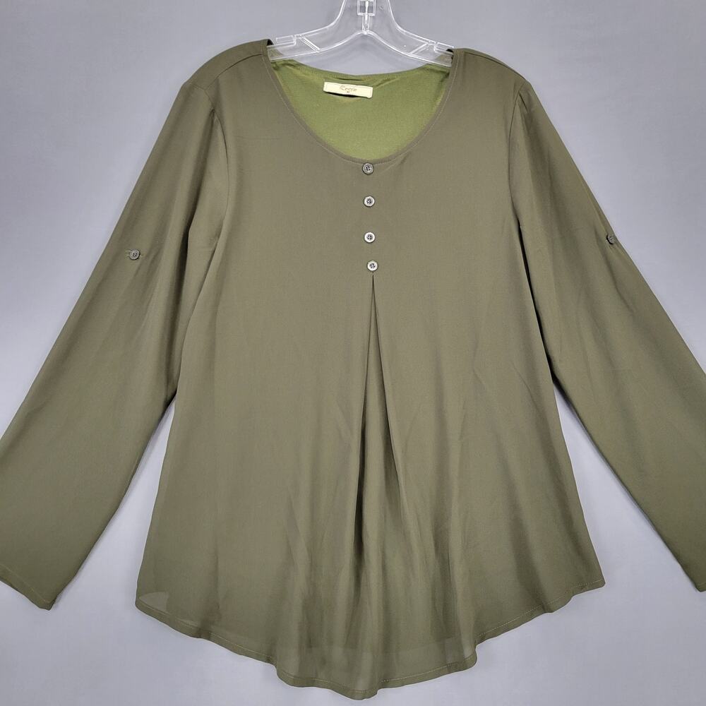 Cestyle Green Olive Shirt Preppy Pleats Button Scoop Long Sleeves Womens Size M